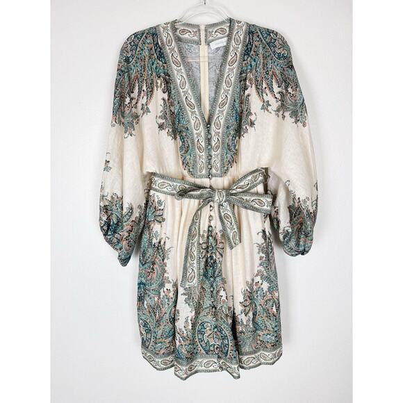 Zimmermann Dresses & Skirts - Zimmermann Linen Dress Brighton Paisley Mini Turquoise Paisley Womens 2 US 6-8
